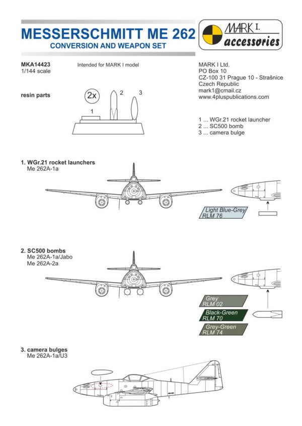 [MKA14423] Me 262A konv. a zbraňový set (Me 262A-1/U3, vč. obtisků & Me 262A-1a/Jabo/A-2a) - Image 3
